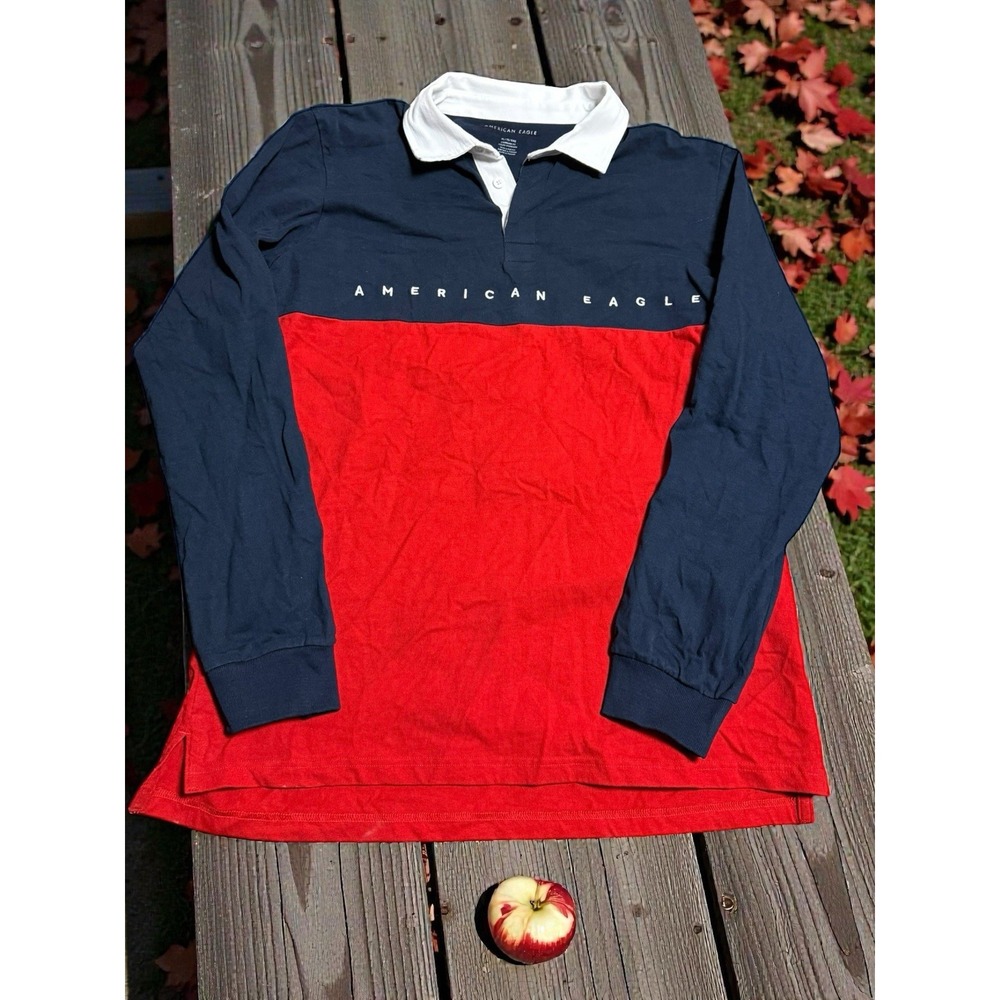American Eagle Shirt Mens  Xl Red Blue Cotton Rugby Long Sleeve Rib‎ Cuffs